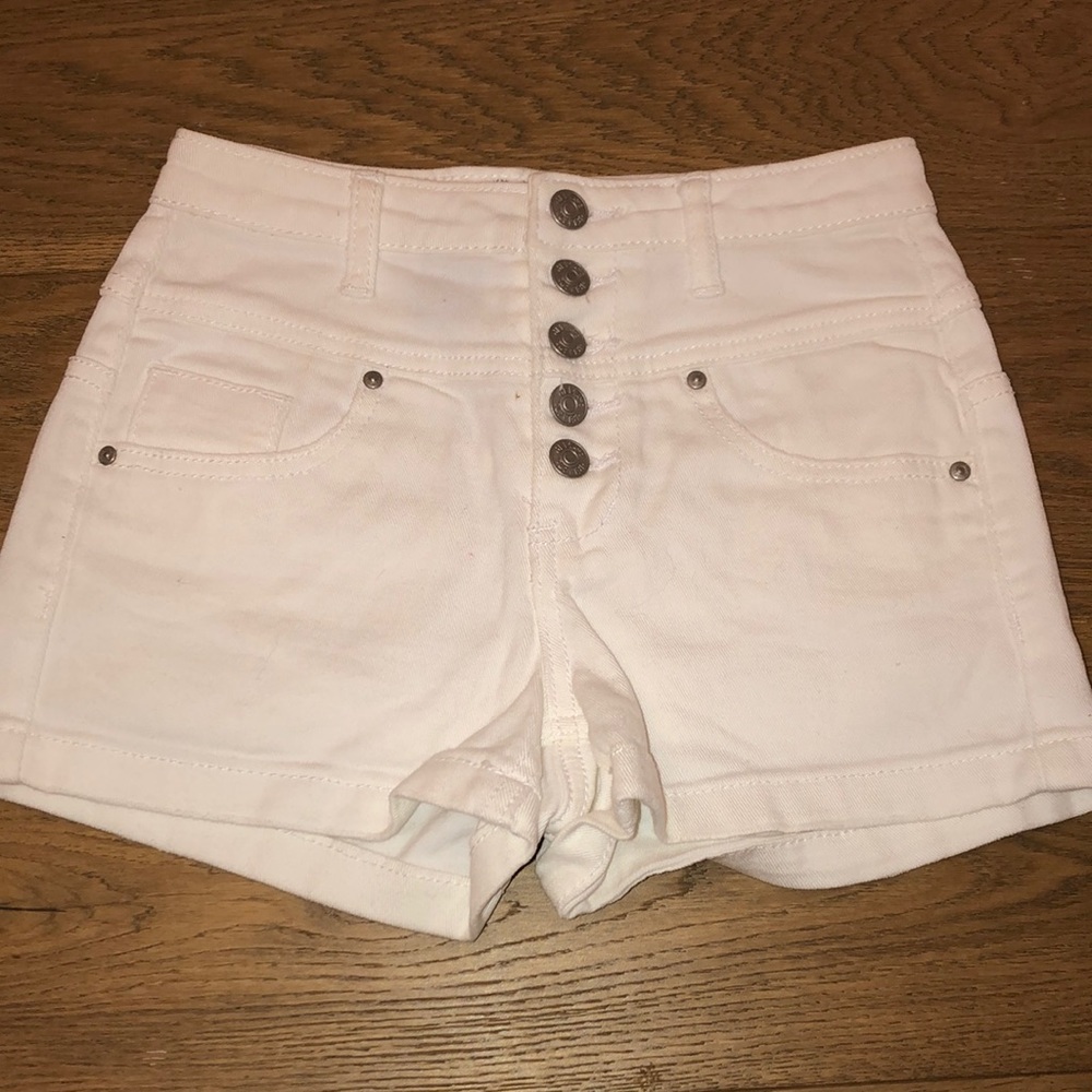 White high waisted white button shorts